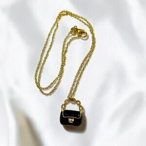 Gold Plated 925 Sterling Mini Purse Necklace Black Handbag Charm Cute Chic 19”